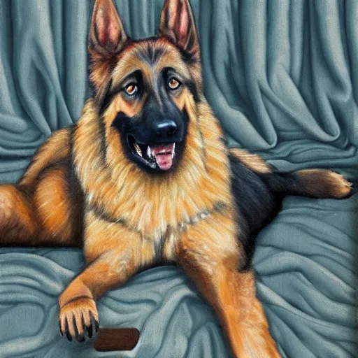 Image similar to a oil painting of a humanoid german shepherd beast - man, wearing military outfit, sitting on the carpeted floor beside a bed