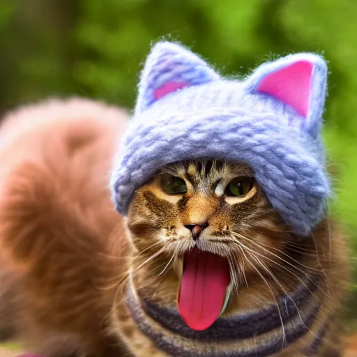 Image similar to cute cat photo licking tongue sticking out, wearing wool hat cat ears