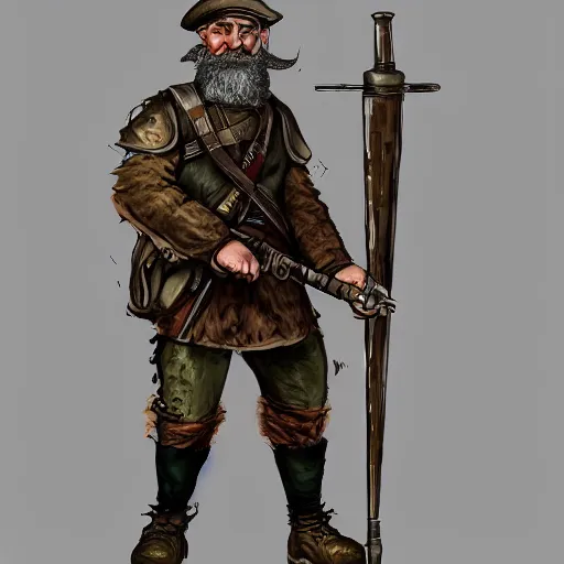 Image similar to Full body concept art of A High fantasy WW1 dwarve soldier using a enchanted bazooka trending on artstation deviantart Pinterest detailed High Resolution HD 8k