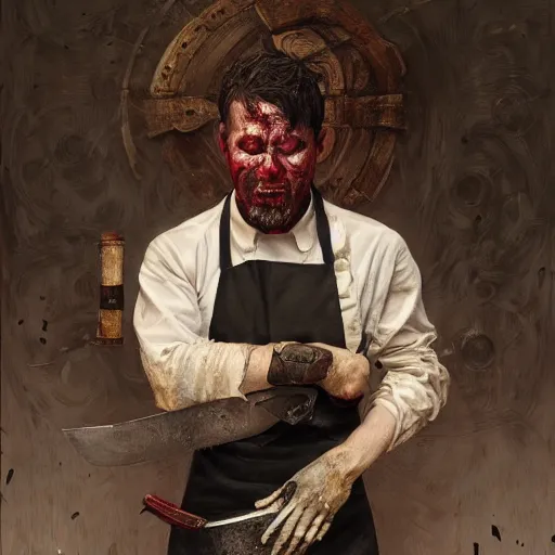 Image similar to portrait painting of a bloodied male butcher with with apron and cleaver, ultra realistic, concept art, intricate details, eerie, highly detailed, photorealistic, octane render, 8 k, unreal engine. art by artgerm and greg rutkowski and alphonse mucha