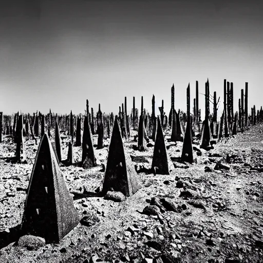 Prompt: radioactive spike field, monolithic stone spikes, creepy monotone black and white lighting, post nuclear fallout, desolate, no life, high resolution, old photo,