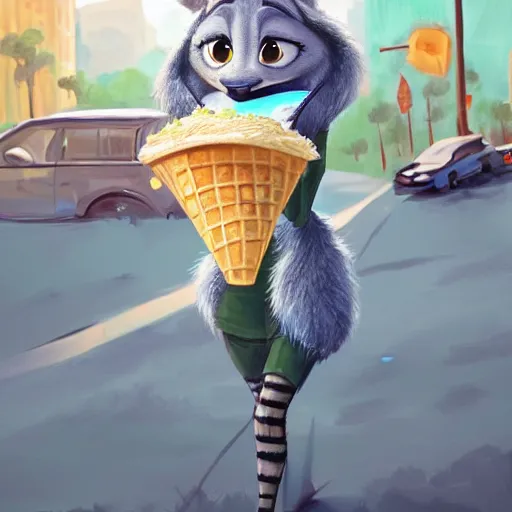 Image similar to furry art of female alligator walking down the street holding an icecream cone, digital art, artstation, 4K, detailed, detailed fur, wearing grey hoodie, zootopia, detailed face, anthromorphic,