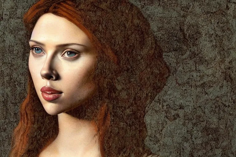 Image similar to a beautiful portrait of scarlett johansson painted by leonardo da vinci