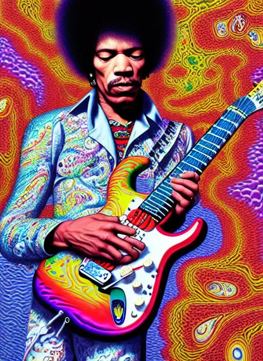 Image similar to hyper detailed 3d render like a Oil painting - Jimi Hendrix aerochrome and milky Fruit holding a left-handed white stratocaster guitar in his left hand, iridescent paisley patterns by Jacek Yerka, Ilya Kuvshinov, Mariusz Lewandowski, Houdini algorithmic generative render, Abstract brush strokes, Masterpiece, Edward Hopper and James Gilleard, Zdzislaw Beksinski, Mark Ryden, Wolfgang Lettl, hints of Yayoi Kasuma, octane render, 8k