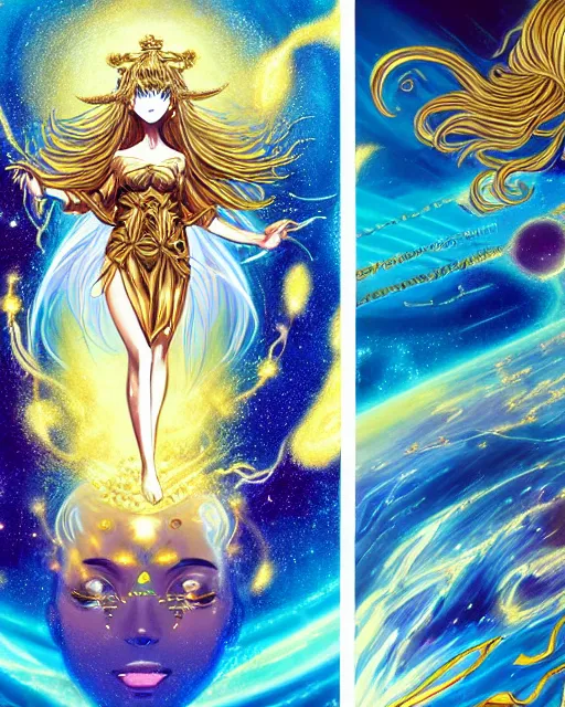 Prompt: a golden goddess with blue adornments quarter turn figurative anime portrait, in space, transcending to a higher plane, the eternal blessing the holy nexus, in the multiverse, lazer light beaming down to top of her head, by android jones, by ben ridgeway, by ross draws, by Noah Bradley, by Maciej Kuciara + illustrative + visionary art + low angle + oil painting + Visionary art, DMT, The god particle, utopia profile portrait, artgerm, featured in artstation, elegant, Moebius, Greg rutkowski