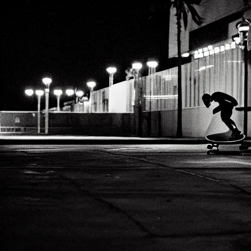 Prompt: a skateboarder in a cinematic shot of miami at midnight, canon eos c 3 0 0, ƒ 1. 8, 3 5 mm, 8 k, medium - format print, inspired by roger deakins cinematography