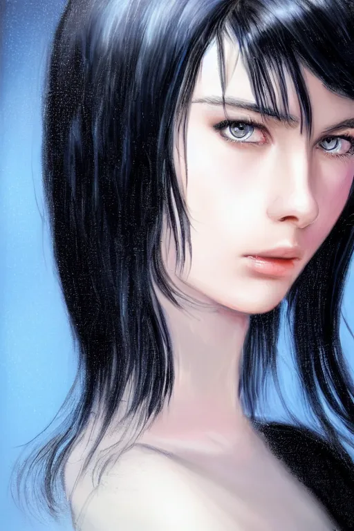 Image similar to portrait of teenage girl with glossy black hair, blue eyes, glowing porcelain skin, fashion model features, dar!dream portrait of teenage girl with glossy black hair, blue eyes, glowing porcelain skin, fashion model features, dark sweater, dark academia, intricate, elegant, black dress, highly detailed, digital painting, artstation, concept art, smooth, sharp focus, illustration, art by Krenz Cushart and Artem Demura and alphonse mucha