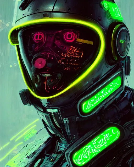 Prompt: detailed portrait cyberpunk helmet futuristic neon, reflective green coats, decorated with traditional japanese ornaments by Ismail inceoglu dragan bibin hans thoma greg rutkowski Alexandros Pyromallis Nekro Rene Maritte Illustrated, Perfect face, fine details, realistic shaded, fine-face, pretty face