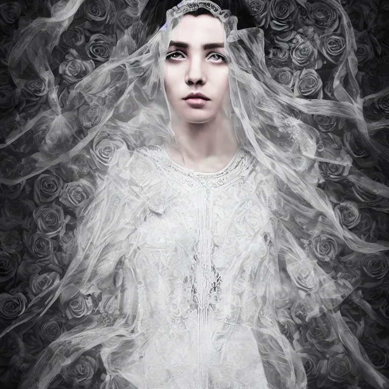 Image similar to hight focus of a wonderful realistic focused sweet wonderful symmetrical centered mid portrait of a lonely woman with a detailed wonderful, majestic, large semi transparent white cotton dress ornate with semi transparent black cotton roses and semi transparent white veils, dramatic light, octane render, - 8 k