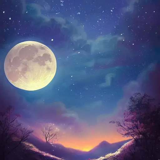 Prompt: night landscape with big moon on background, acrilic paint, digital, artstation, detailed intricate ink illustration, heavenly atmosphere, digital art, overdetailed art, concept art, complementing colors, trending on artstation, cgstudio, the most beautiful image ever created, dramatic, subtle, details, award winning artwork, beautiful scenery