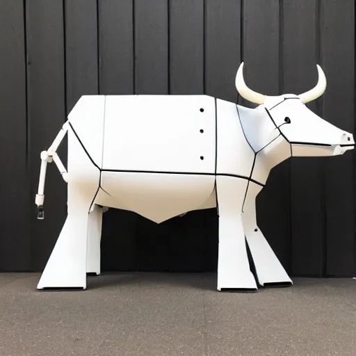 Image similar to a mechanical cow with big head and horns, minimalist style, metal, 3D art, in style of Baymax, smooth