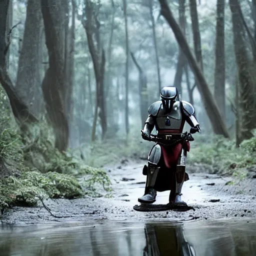 Prompt: mandalorian riding speeder bike through swamp, eerie, emotional, stunning cinematography, light diffusion