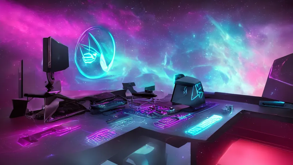 Prompt: a galactic overpowered computer. (cyan, pink, purple, orange) Overclocking, watercooling, custom computer, nebula, mat black metal, alienware, cosmic design, desktop computer, nebula, galactic, space, minimalist desk, minimalist home office, whole room, minimalist, Beautiful dramatic dark moody tones and lighting, orange neon, Ultra realistic details, cinematic atmosphere, studio lighting, shadows, starts lighting, starts, dark background, dimmed lights, industrial architecture, Octane render, realistic 3D, photorealistic rendering, 8K, 4K, Cyborg R.A.T 7, Republic of Gamer, computer setup, highly detailed