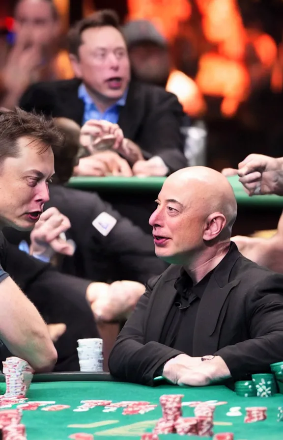 Image similar to Angry Elon musk loosing the world series of poker final against jeff bezos