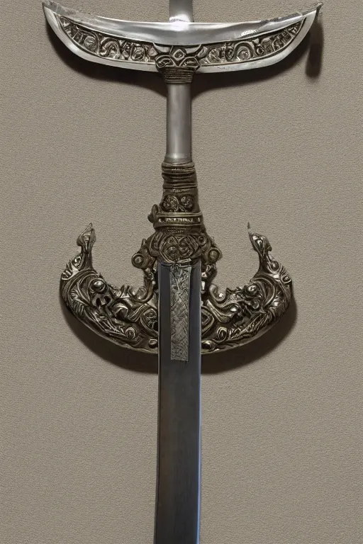 Image similar to sword of justice hanging on a wall, ornate gem in pommel, engraved blade, above a table