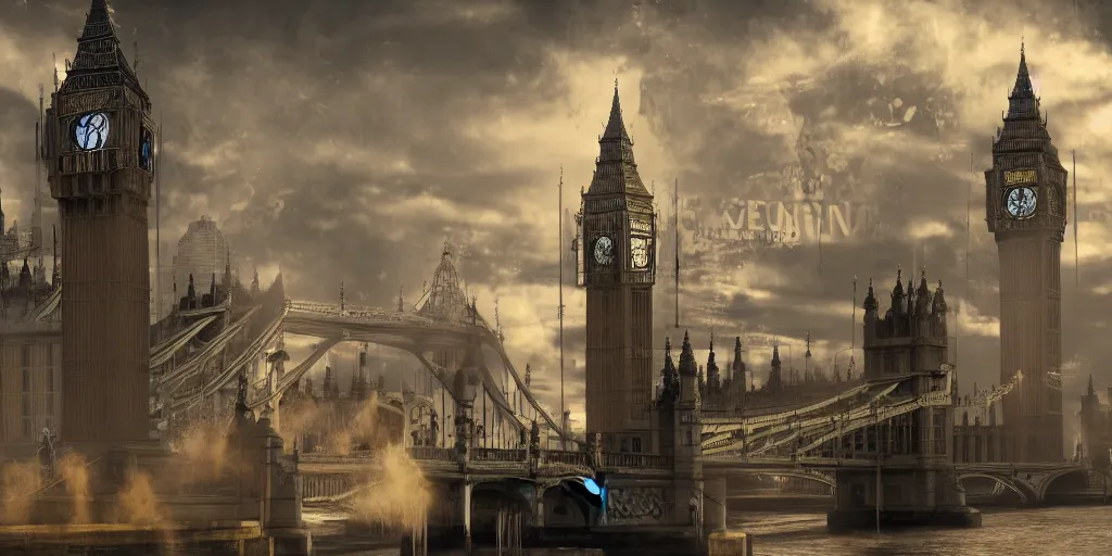 Prompt: a law firm representing the artificial intelligence collective against the big corporations who appropriate ethics, steampunk, london, big ben, dishonored, stylized, 8 k, uhd.