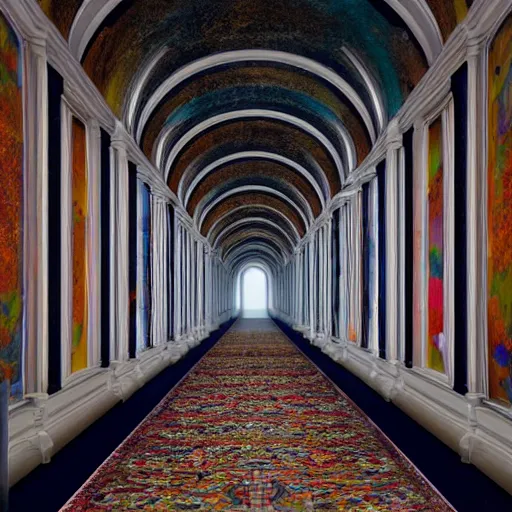 Image similar to a long colorful asylum hallway at night, arched ceiling, one point perspective, vanishing point, symmetrical composition, rich colors, dramatic lighting, by lee madgwick, photorealistic, v - ray render 8 k uhd