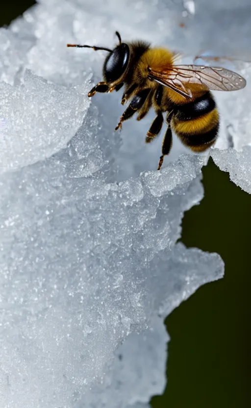 Image similar to a bee and a flower under a layer of ice and snow, beautiful macro photography, ambient light