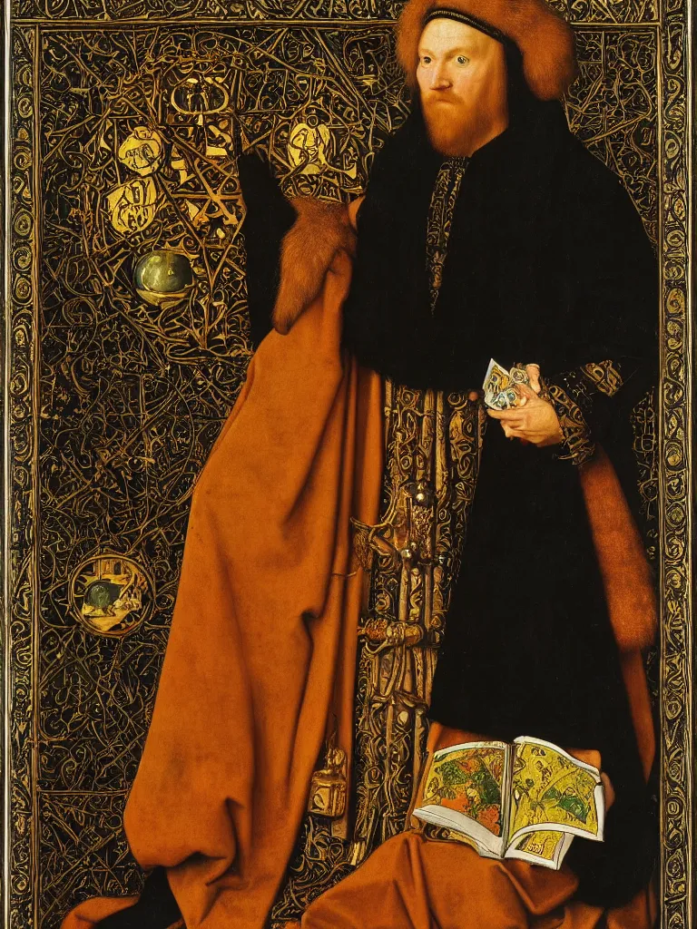 Prompt: painting of the king of pentacles tarot card, hans holbein the younger, jan van eyck, gerit dou, sixteenth century, tarot