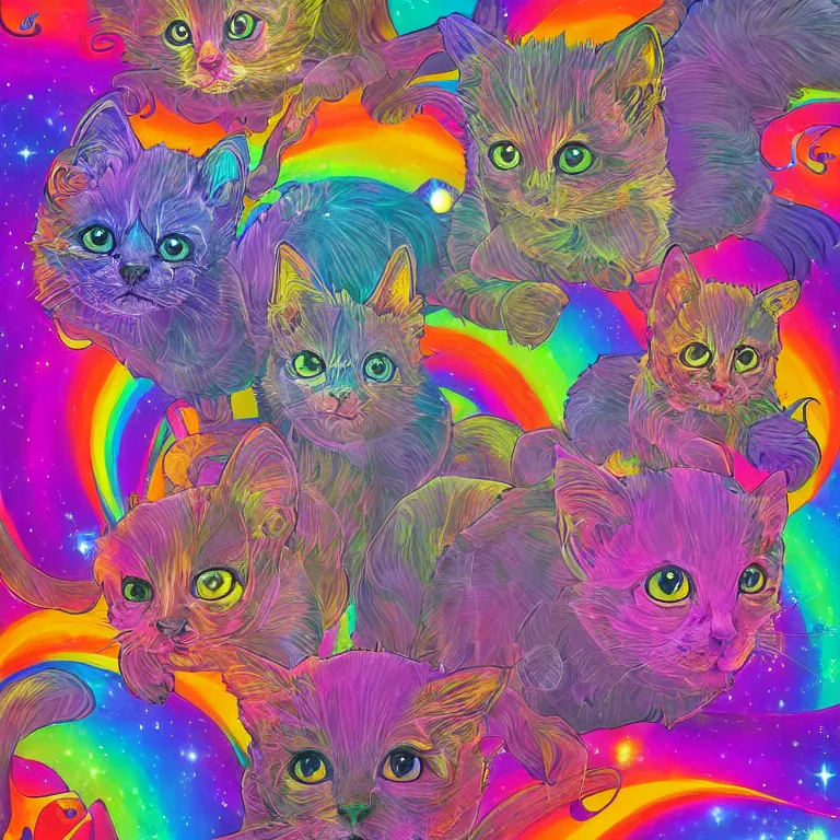 Image similar to smooth detailed art of Rainbow kittens in space, psychedelic DMT art, well lit, digital art, expressive beautiful, award winning, high quality, key visual, 4k hd, sharp, backlit, gorgeous lighting, painted by Pablo Amaringo