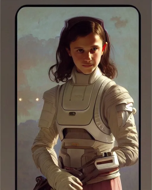 Image similar to a portrait painting of a shy, blushing 1 6 - year old alicia vikander or millie bobby brown, backlit, wearing a futuristic space suit in a space station, elegant, highly detailed, artstation, concept art, by krenz cushart and donato giancola and william adolph bouguereau and alphonse mucha