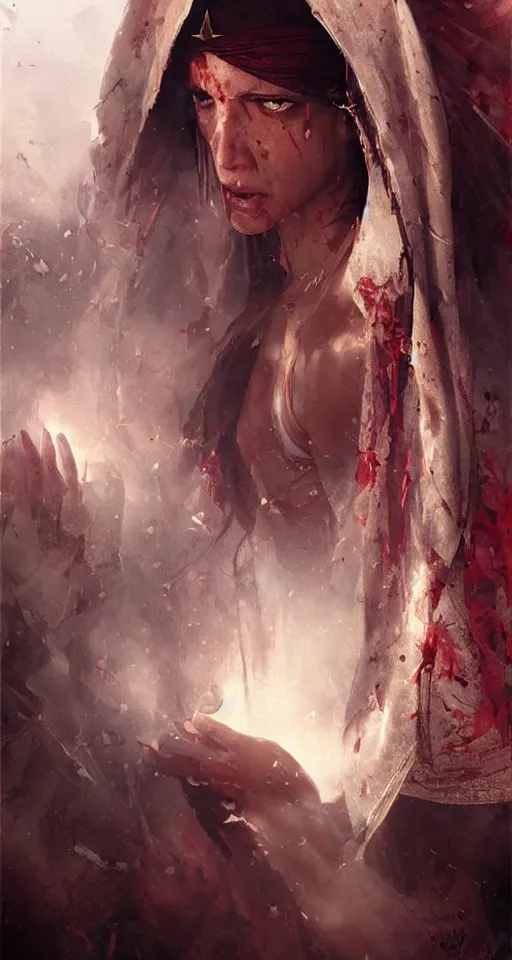 Image similar to arabian princess crying blood in War scene ,digital art,ultra realistic,ultra detailed, ultra wide Lens, art by greg rutkowski