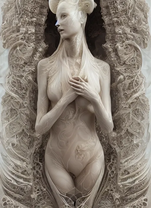 Prompt: opalescent marble sculpture of beautiful woman, glistening, mandelbulb, hypercube, ivory carving, fractal paisley inlay, lace, intricate, elegant, highly detailed, ivory, artgerm, lace, by ruan jia and greg rutkowski