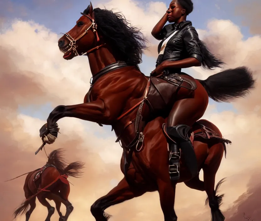 Image similar to full body portrait of beautiful black woman riding a clydesdale, cinematic, highly detailed, digital painting, artstation, concept art, smooth, sharp focus, illustration, face by wlop, illustrated by mars ravelo and greg rutkowski