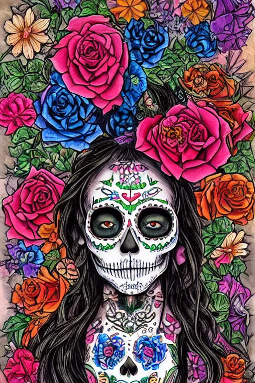 Prompt: illustration of a sugar skull day of the dead girl, art by ayami kojima