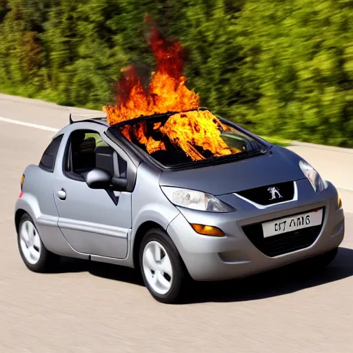 Image similar to High definition, professional photo of a Peugeot 1007 that is on fire, 8k