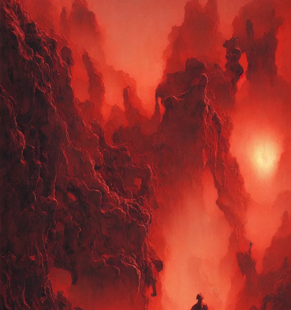 Prompt: magical landscape exploding in detail, chiaroscuro, red fabric, metalic parts, transparent smoke from hell, notan sun in the background, abstract, surreal art, painted by beksinski and android jones