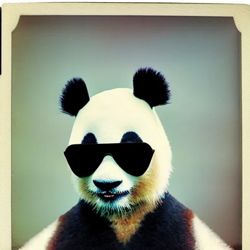 Image similar to gltch art, grainy head to shoulder portrait polaroid film photograph of a panda in a mall wearing aviator shades. super resolution. surreal. extremely detailed. polaroid 6 0 0 film. by annie leibovitz and richard avedon