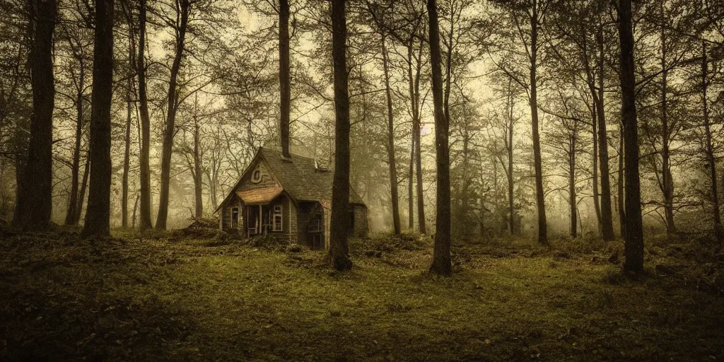 Image similar to a cottage in the woods and empty woods, 80mm lens, 8k, fantasy, hyper realistic, dramatic lighting, cinematic