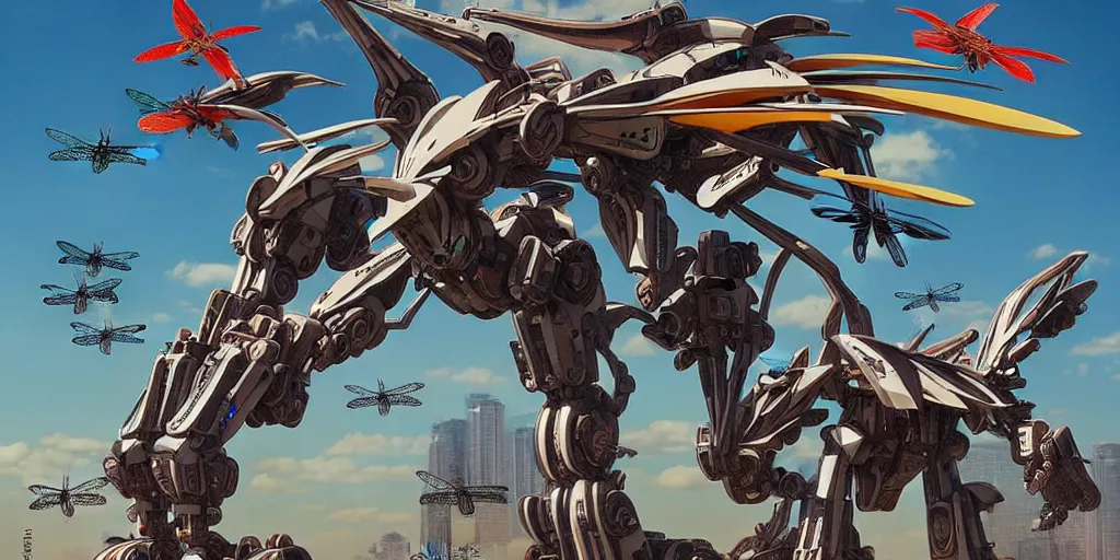 Image similar to gigantic mecha arzach birds with dragonflies, tiny rats, a lot of exotic animals around, big human faces everywhere, helicopters and tremendous birds, by satoshi kon and moebius, matte colors, surreal design, super - detailed, a lot of tiny details, fullshot