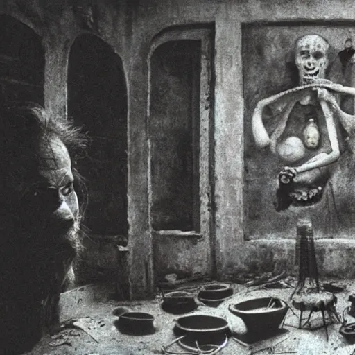 Image similar to 3 5 mm, joel - peter witkin, beksinski, and stephen gammell, video still of underground city