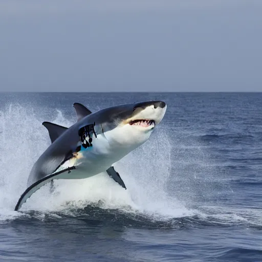 Image similar to drug - fueled great white shark on a rampage, involved with criminal activity, smarter than a human