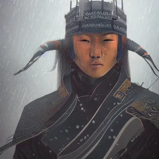 Prompt: A detailed portrait of Raiden Shogun from Genshin Impact standing on a mountain in the rain, 4k, artstation