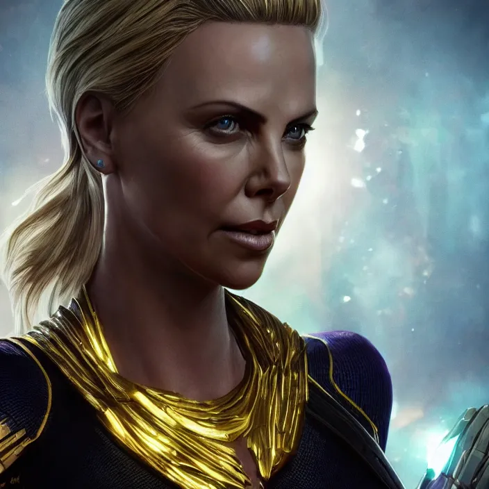 Image similar to portrait of ((Charlize Theron)), wearing The Infinity Gauntlet. SNAP. intricate artwork. octane render, trending on artstation, very coherent symmetrical artwork. thanos. thanos. cinematic, hyper realism, high detail, octane render, 8k, iridescent accents