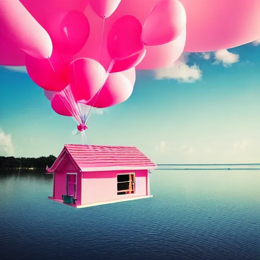 Image similar to dream a 5 0 mm lens photograph of a cute pink floating modern house, floating in the air between clouds, inspired by the movie up, held up from above by heart ballons. mist, playful composition canon, nikon, award winning, photo of the year