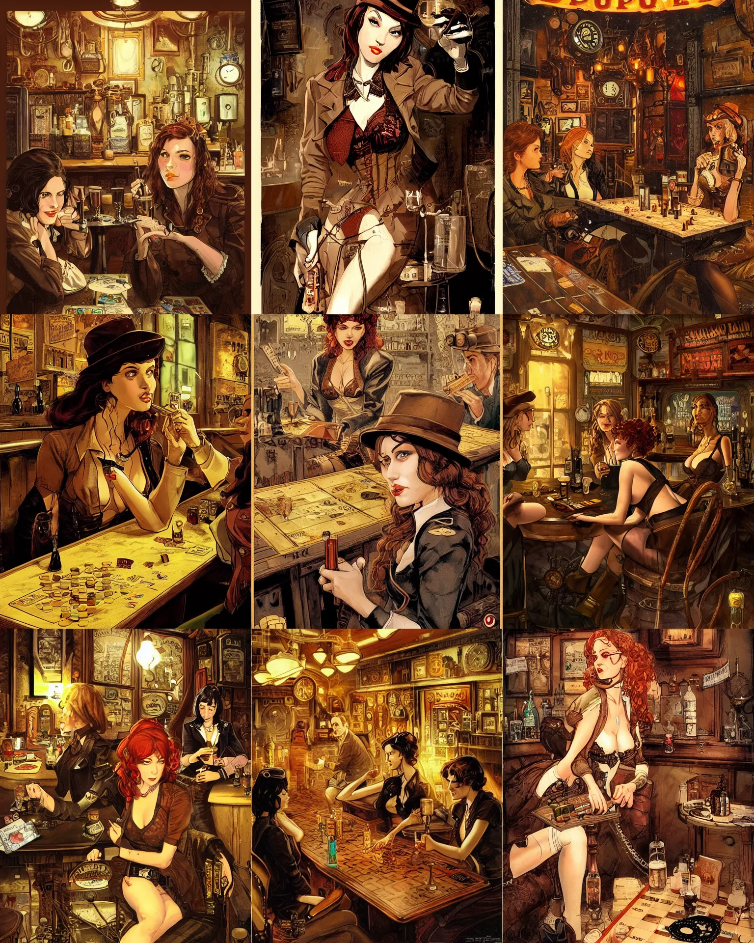 Prompt: women in the interior of a steampunk pub, Milo Manara, night time, smoking cigarettes, playing board games, highly detailed, Quentin Tarantino movie posters, pulp fiction, level design, concept art, artstation, cgsociety, zenith view