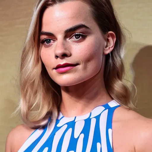 Image similar to a woman who is a genetic combination of margot robbie and emma watson face and upper - body focus