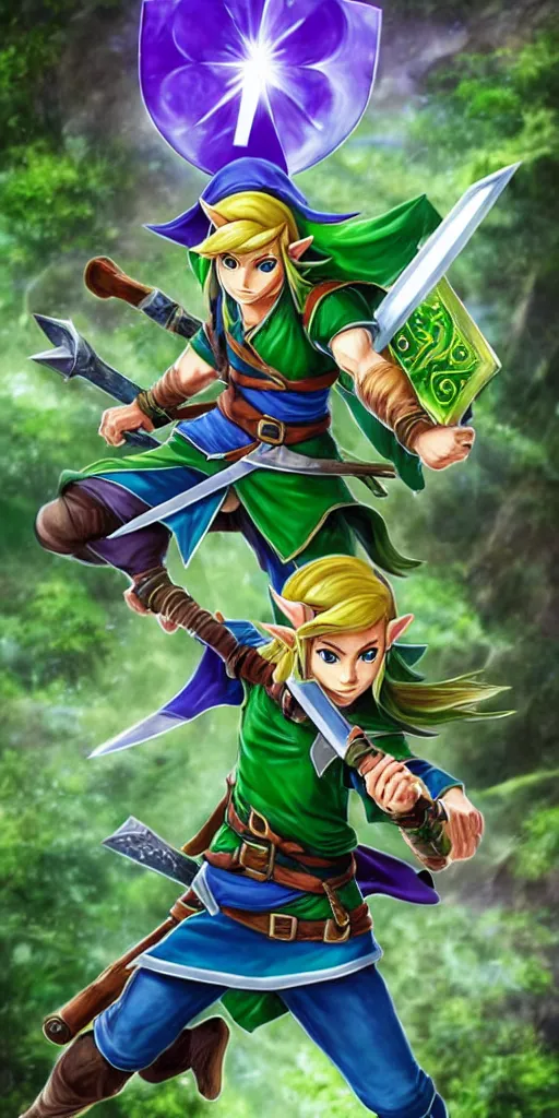 Image similar to link dressed in traditional green tunic and cap, holding the master sword and hylian shield in each hand, in dynamic fighting pose, clear detailed face with focused expression, mystical forest background, dark skies, green purple blue pink iridescent color scheme, intricately detailed, finely textured, cgsociety