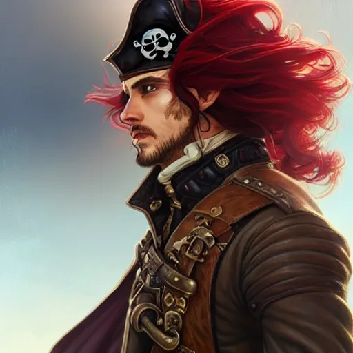 Image similar to male airship pirate, D&D, handsome, side profile, fantasy, intricate, long hair, leather coat, airship, steampunk, red hair, elegant, highly detailed, digital painting, artstation, concept art, smooth, sharp focus, illustration, art by artgerm and greg rutkowski and alphonse mucha