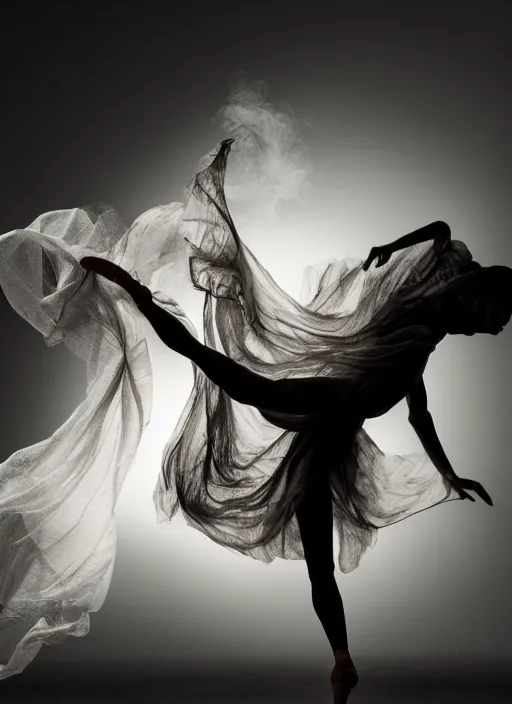 Image similar to a Photorealistic dramatic hyperrealistic render of a glamorous beautiful Female smoke dancer by Ken Brower and Deborah Ory of NYC Dance project,Lois Greenfield,Flowing cloth and smoke,Beautiful dynamic dramatic dark moody lighting,volumetric,shadows,cinematic atmosphere,Octane render,8K