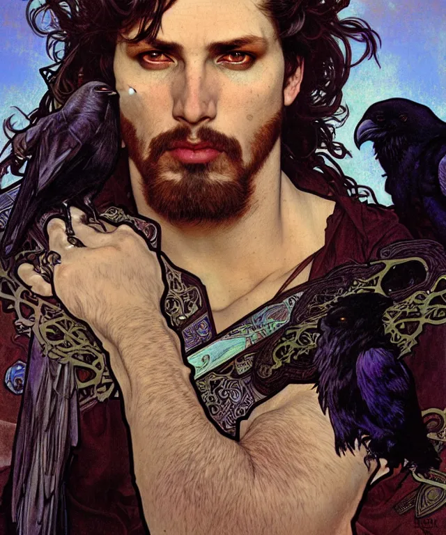 Prompt: realistic detailed face portrait of a rugged handsome male raven king with ravens by alphonse mucha, ayami kojima, amano, greg hildebrandt, and mark brooks, male, masculine, art nouveau, neo - gothic, gothic, character concept design