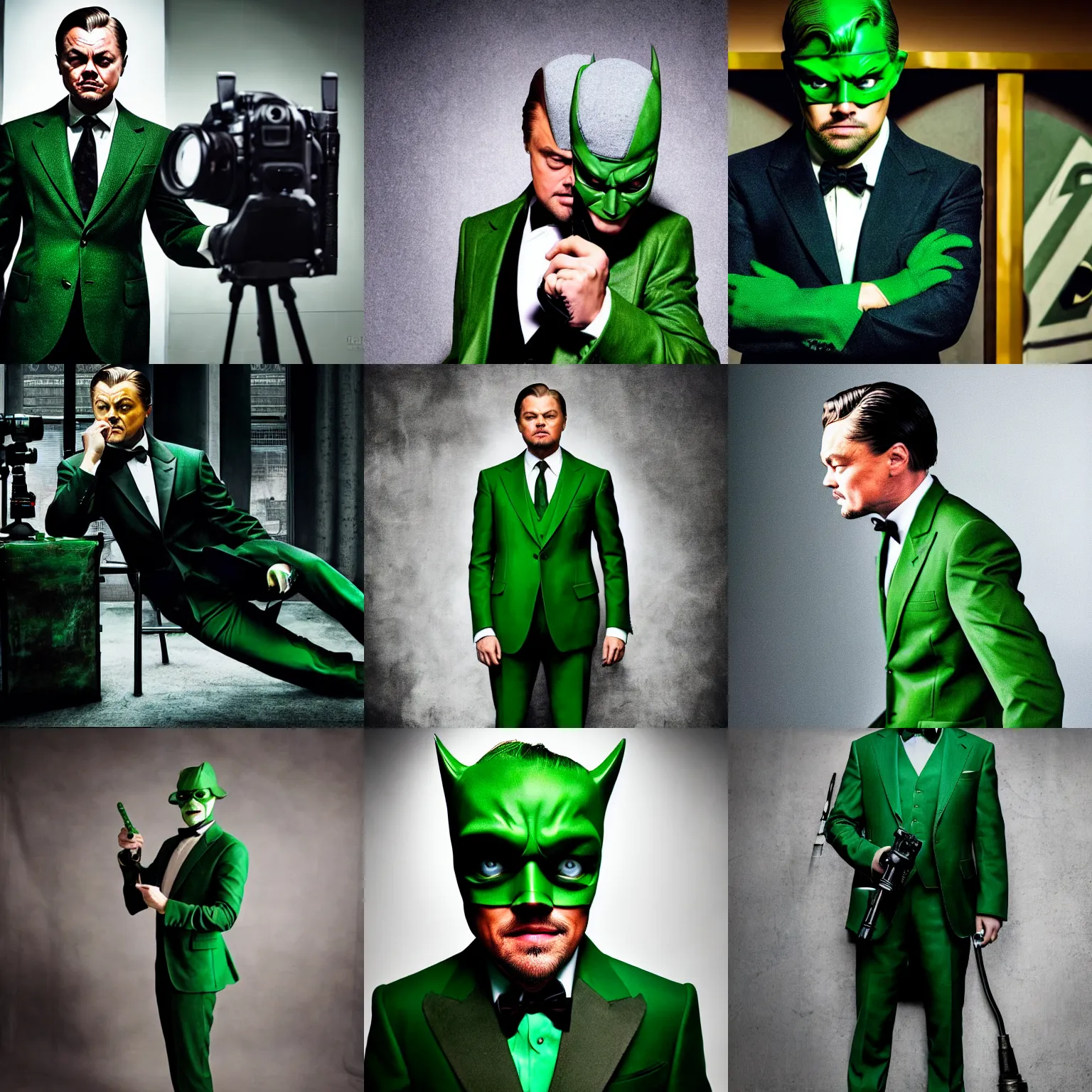 Prompt: dslr photography of leonardo dicaprio playing the riddler from warner brother's new grimdark r - rated batman movie, green villain suit, full body photography, cinematic, studio portrait