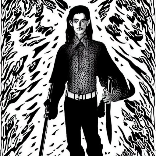 Prompt: black and white pen and ink!!!! Twin Peaks Black Lodge goetic young Frank Zappa x handsome Kyle Maclachlan golden!!!! Vagabond!!!! floating magic swordsman!!!! glides through a beautiful!!!!!!! floral!! battlefield dramatic esoteric!!!!!! pen and ink!!!!! illustrated in high detail!!!!!!!! by Koyoharu Gotouge and Hiroya Oku!!!!!!!!! graphic novel published on 2049 award winning!!!! full body portrait!!!!! action exposition manga panel black and white Shonen Jump issue by David Lynch eraserhead and Frank Miller beautiful line art Hirohiko Araki