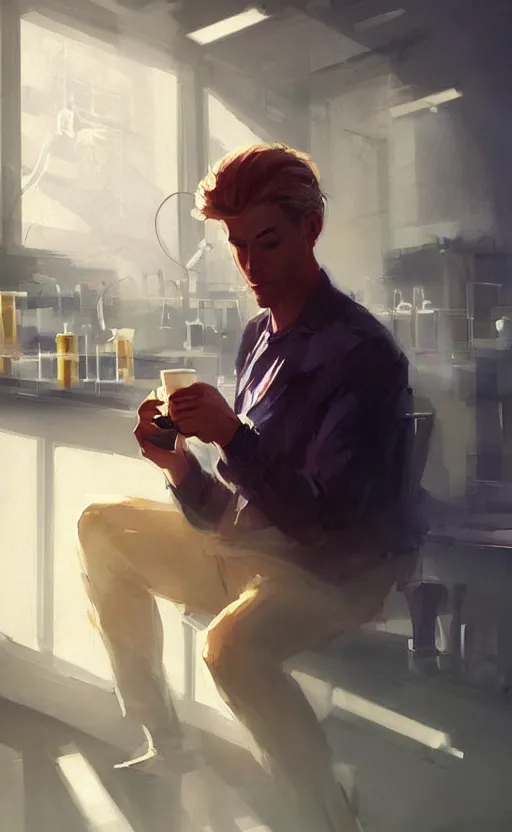 Prompt: a beautiful artwork illustration, concept art sketch of a portrait of a blonde man drinking coffee in a laboratory, volumetric fog, godrays, high contrast, high contrast, high contrast, vibrant colors, vivid colors, high saturation, by Greg Rutkowski and Jesper Ejsing and Raymond Swanland and alena aenami, featured on artstation, wide angle, vertical orientation