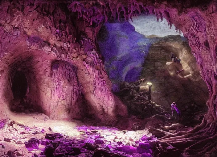 Prompt: underground cavern. purple moss growing on stone. violet glow. edgar maxence and caravaggio and michael whelan and delacroix style, artistic, intricate painting, cinematic lighting, hyper realistic, extremely detailed, vivid colors, establishing shot, dramatic lighting.