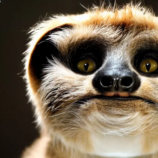 Image similar to a feline cat - sloth - hybrid with a beak, animal photography, wildlife photo, award winning